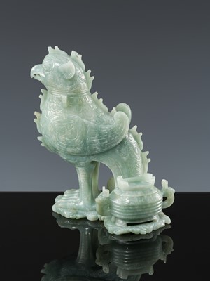 Lot 351 - AN ARCHAISTIC JADEITE ‘MYTHICAL BIRD’ GROUP OF TWO VESSELS AND COVERS, LATE QING DYNASTY TO REPUBLIC PERIOD