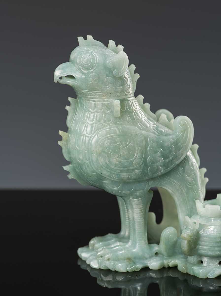 Lot 351 - AN ARCHAISTIC JADEITE ‘MYTHICAL BIRD’ GROUP OF TWO VESSELS AND COVERS, LATE QING DYNASTY TO REPUBLIC PERIOD