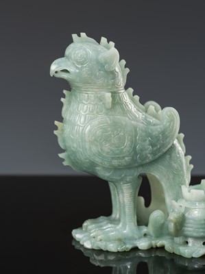 Lot 351 - AN ARCHAISTIC JADEITE ‘MYTHICAL BIRD’ GROUP OF TWO VESSELS AND COVERS, LATE QING DYNASTY TO REPUBLIC PERIOD