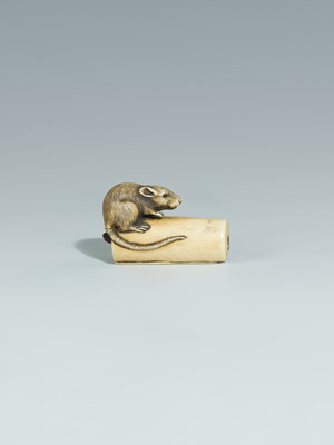 Lot 394 - TWO IVORY NETSUKE DEPICTING A GRAZING HORSE AND A RAT ON A CANDLE
