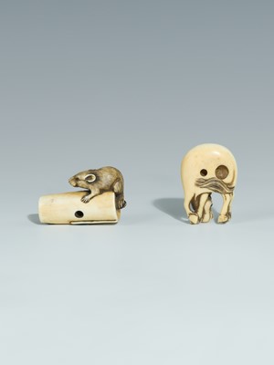 Lot 394 - TWO IVORY NETSUKE DEPICTING A GRAZING HORSE AND A RAT ON A CANDLE