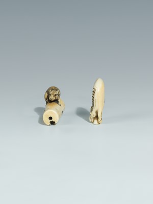 Lot 394 - TWO IVORY NETSUKE DEPICTING A GRAZING HORSE AND A RAT ON A CANDLE