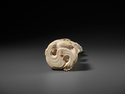 Lot 146 - RYUMIN: AN IMPRESSIVE TOKYO SCHOOL IVORY OKIMONO OF SHO-KANNON WITH DRAGON