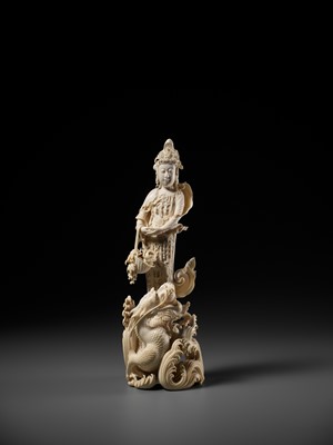 Lot 146 - RYUMIN: AN IMPRESSIVE TOKYO SCHOOL IVORY OKIMONO OF SHO-KANNON WITH DRAGON