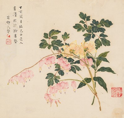Lot 53 - ZHIJI XIN: ‘BLEEDING HEARTS AND COREOPSES’, DATED 1887