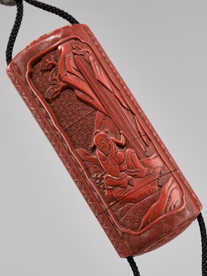 Lot 22 - A TSUISHU LACQUER FOUR-CASE INRO DEPICTING KYOYU AND SOFU, WITH EN SUITE NETSUKE AND OJIME