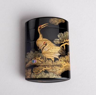 Lot 508 - YUHO: A LACQUER FOUR-CASE INRO WITH CRANES, MEIJI