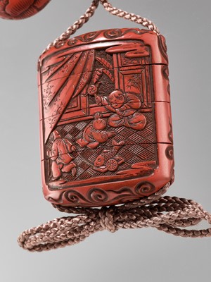 Lot 23 - A FINE TSUISHU THREE-CASE LACQUER INRO WITH KARAKO AT PLAY, WITH EN SUITE NETSUKE AND OJIME