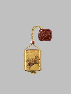Lot 8 - A GOLD LACQUER FOUR-CASE INRO DEPICTING A KIRIN AND HO-O BIRD