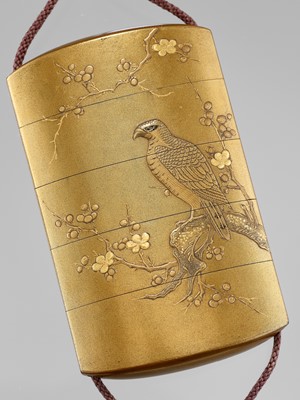 Lot 293 - KAJIKAWA: A SUPERB FOUR-CASE LACQUER INRO WITH HAWKS AND CHERRY BLOSSOMS