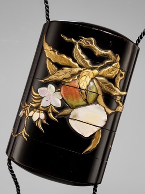 Lot 17 - A FINE MOTHER OF PEARL AND HARDSTONE INLAID FOUR-CASE LACQUER INRO WITH FRUITING PEACHES