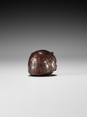 Lot 220 - MASAKAZU: A NAGOYA SCHOOL WOOD NETSUKE OF A COWERING ONI DURING SETSUBUN