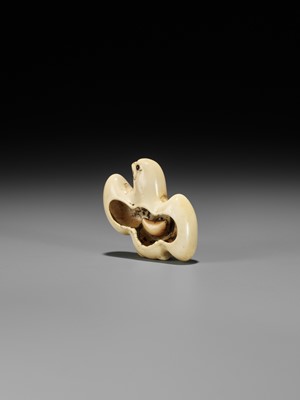 Lot 158 - AN IVORY ASHTRAY NETSUKE DEPICTING A STYLIZED PLOVER AND MOON