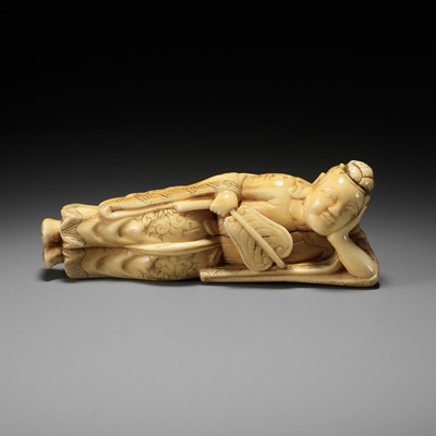 Lot 107 - A GOOD IVORY NETSUKE OF ROSEI’S DREAM