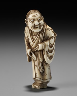 Lot 163 - MASAKAZU: A RARE IVORY NETSUKE DEPICTING ARABABA AND THE SPARROW