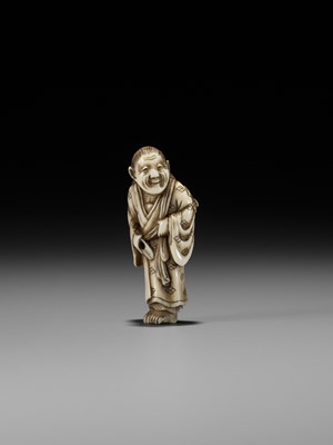 Lot 163 - MASAKAZU: A RARE IVORY NETSUKE DEPICTING ARABABA AND THE SPARROW