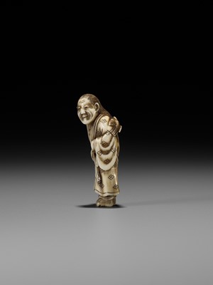 Lot 163 - MASAKAZU: A RARE IVORY NETSUKE DEPICTING ARABABA AND THE SPARROW