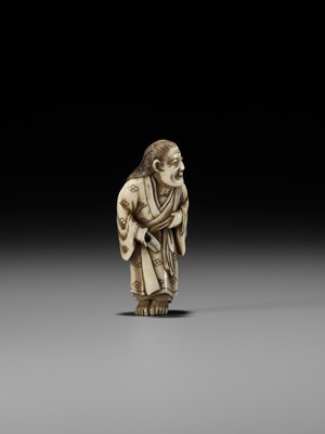 Lot 163 - MASAKAZU: A RARE IVORY NETSUKE DEPICTING ARABABA AND THE SPARROW