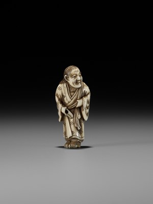 Lot 163 - MASAKAZU: A RARE IVORY NETSUKE DEPICTING ARABABA AND THE SPARROW