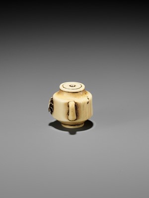 Lot 157 - RANSUI: AN IVORY NETSUKE OF A TEAPOT WITH FLY