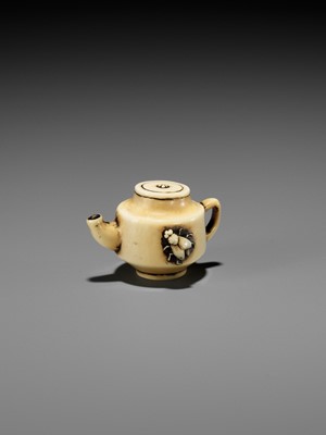 Lot 157 - RANSUI: AN IVORY NETSUKE OF A TEAPOT WITH FLY