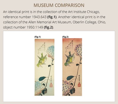 Lot 635 - UTAGAWA HIROSHIGE: GREEN BIRDS AND HYDRANGEAS
