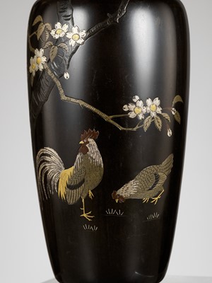 Lot 271 - KANEYOSHI: A PAIR OF GOLD AND SILVER INLAID BRONZE BALUSTER VASES WITH LONG-TAILED ROOSTERS (ONAGADORI)