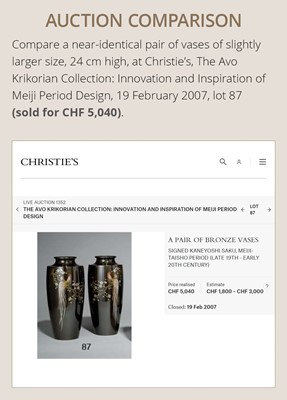 Lot 271 - KANEYOSHI: A PAIR OF GOLD AND SILVER INLAID BRONZE BALUSTER VASES WITH LONG-TAILED ROOSTERS (ONAGADORI)