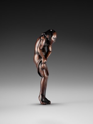 Lot 109 - A TALL AND RARE WOOD NETSUKE OF AN AMA (DIVING GIRL)