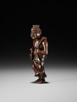 Lot 120 - A LARGE AND UNUSUAL WOOD NETSUKE OF A MAN WITH MUSHROOM