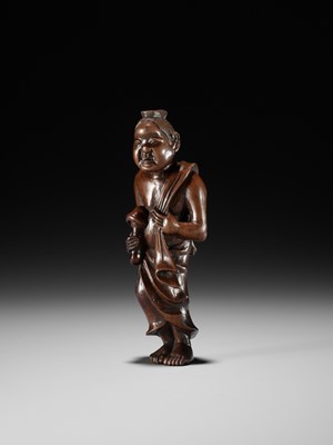 Lot 120 - A LARGE AND UNUSUAL WOOD NETSUKE OF A MAN WITH MUSHROOM