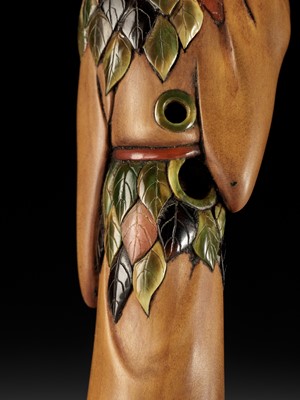 Lot 87 - A SUPERB AND VERY LARGE INLAID WOOD NETSUKE OF GAMA SENNIN