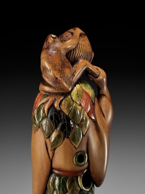 Lot 87 - A SUPERB AND VERY LARGE INLAID WOOD NETSUKE OF GAMA SENNIN