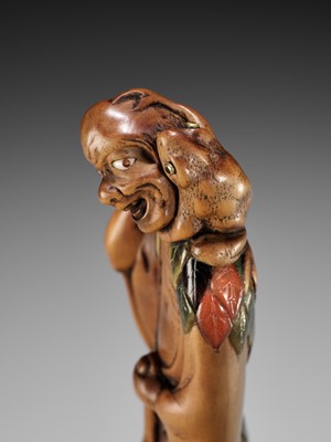 Lot 87 - A SUPERB AND VERY LARGE INLAID WOOD NETSUKE OF GAMA SENNIN