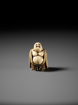 Lot 66 - ANRAKU: A SUPERB IVORY NETSUKE OF HOTEI