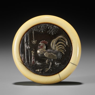 Lot 386 - A LARGE IVORY AND MIXED METAL KAGAMIBUTA WITH ROOSTER, BAMBOO, SNAIL AND SPIDER