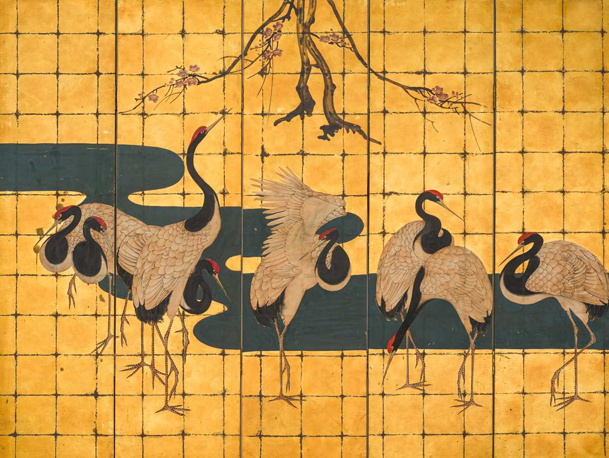 Lot 244 - A FIVE-PANEL ‘CRANES BENEATH A BLOSSOMING PRUNUS’ BYOBU SCREEN