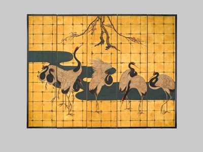 Lot 244 - A FIVE-PANEL ‘CRANES BENEATH A BLOSSOMING PRUNUS’ BYOBU SCREEN