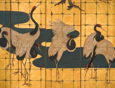 Lot 244 - A FIVE-PANEL ‘CRANES BENEATH A BLOSSOMING PRUNUS’ BYOBU SCREEN