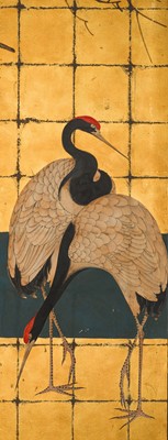 Lot 244 - A FIVE-PANEL ‘CRANES BENEATH A BLOSSOMING PRUNUS’ BYOBU SCREEN