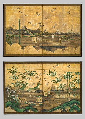 Lot 37 - KANO SCHOOL: A PAIR OF ‘SPARROWS AND THE MILLET HARVEST’ FOUR-PANEL BYOBU SCREENS