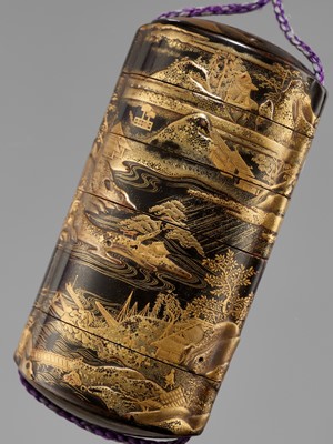 Lot 33 - A FINE FIVE-CASE LACQUER INRO OF AN IDYLLIC LANDSCAPE