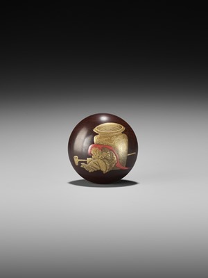 Lot 332 - FUKAGAWASAI: A FINE LACQUER MANJU NETSUKE DEPICTING SHOJO WITH A SAKE JAR AND SAUCER