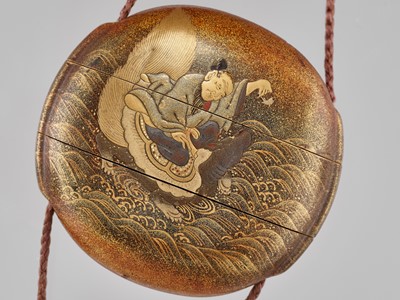 Lot 53 - A RARE TWO-CASE LACQUER INRO DEPICTING THE IMMORTAL ROKO RIDING A MINOGAME