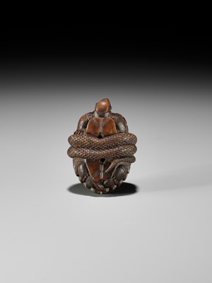 Lot 361 - A YAMADA SCHOOL WOOD NETSUKE OF A SNAKE COILED AROUND A TORTOISE