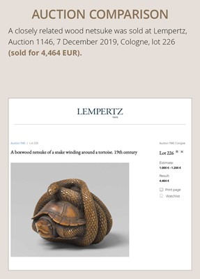 Lot 361 - A YAMADA SCHOOL WOOD NETSUKE OF A SNAKE COILED AROUND A TORTOISE