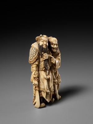Lot 173 - OTOKAWA YASUCHIKA: A FINE WALRUS TUSK OKIMONO OF KAN’U AND CHOHI