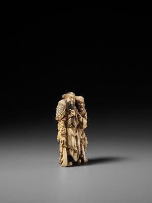 Lot 173 - OTOKAWA YASUCHIKA: A FINE WALRUS TUSK OKIMONO OF KAN’U AND CHOHI
