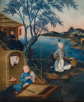 Lot 362 - REVERSE-GLASS PAINTING, ‘FALLING IN LOVE AT THE RIVER SHORE’