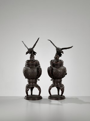 Lot 264 - A PAIR OF BRONZE KORO (CENSER) AND COVERS WITH EAGLE AND DRAGONS